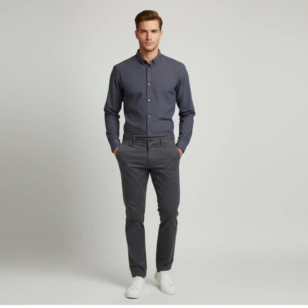 COS Men's Slim Fit Printed Navy Blue And White Long Sleeve Shirt Size 15 3/4 - Picture 1 of 10